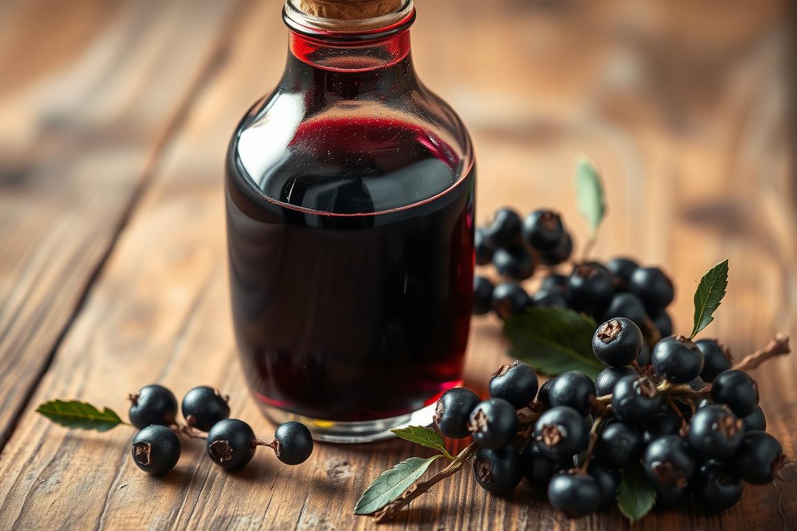 A bottle of elderberry tincture next to fresh elderberries and a DIY recipe book.