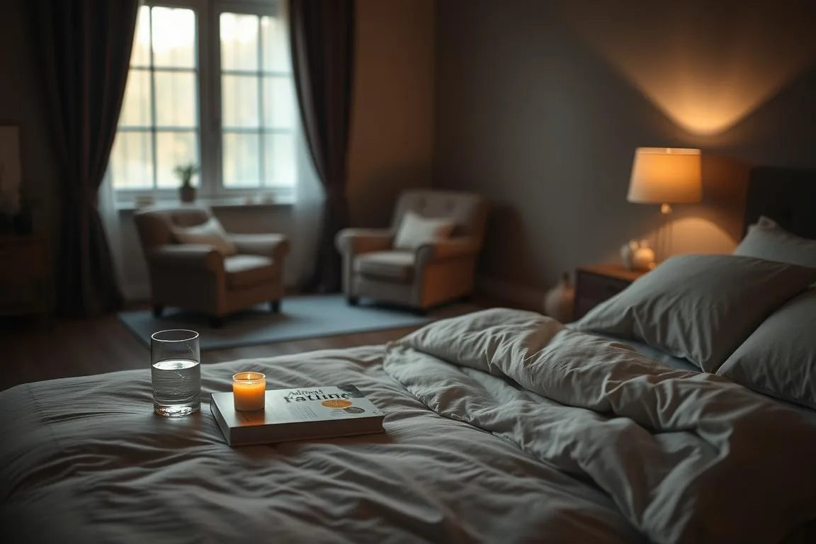 Une chambre paisible la nuit avec une lumière tamisée — instaurer une routine du coucher pour la récupération des glandes surrénales
