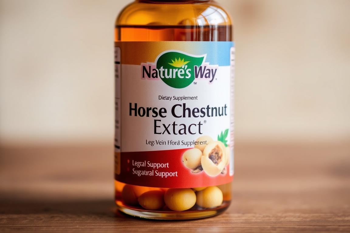 A bottle of Nature's Way Horse Chestnut Extract next to fresh horse chestnuts.