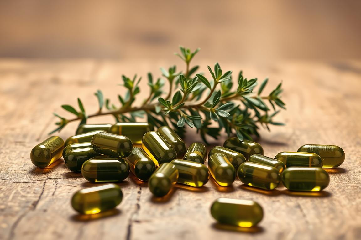 A bottle of oregano oil capsules next to fresh oregano leaves.