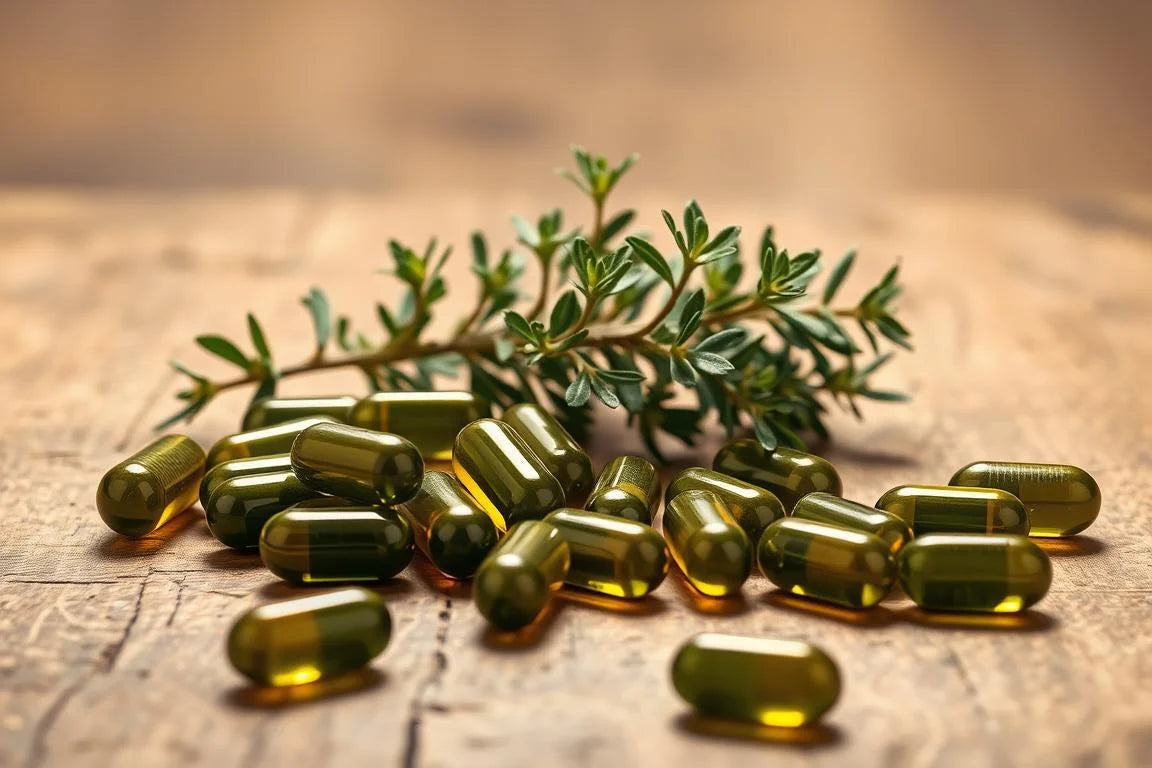 A bottle of oregano oil capsules next to fresh oregano leaves.