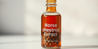 A vibrant, high-quality image of a horse chestnut seed extract in a glass bottle against a blurred background. 