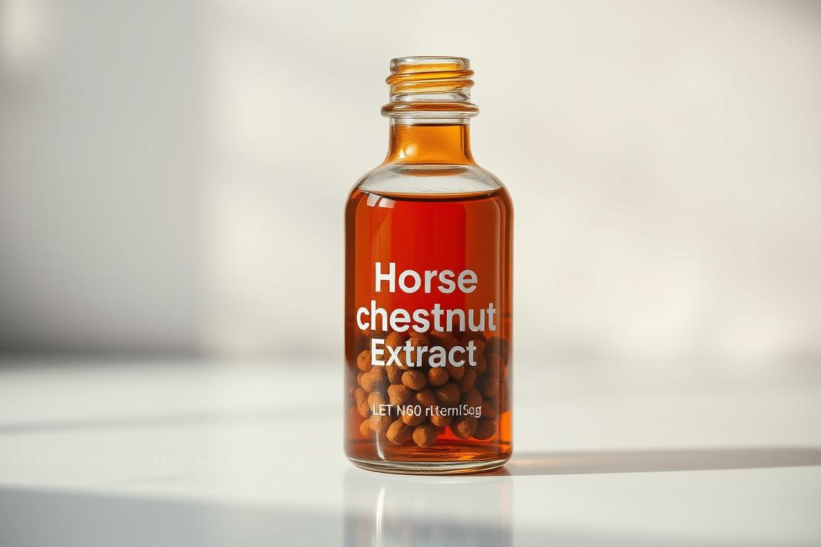 A vibrant, high-quality image of a horse chestnut seed extract in a glass bottle against a blurred background. 