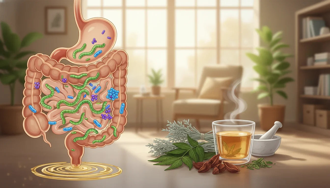 Nettoyage antiparasitaire et lien avec la SIBO — schéma de santé intestinale montrant la prolifération bactérienne et les plantes antiparasitaires