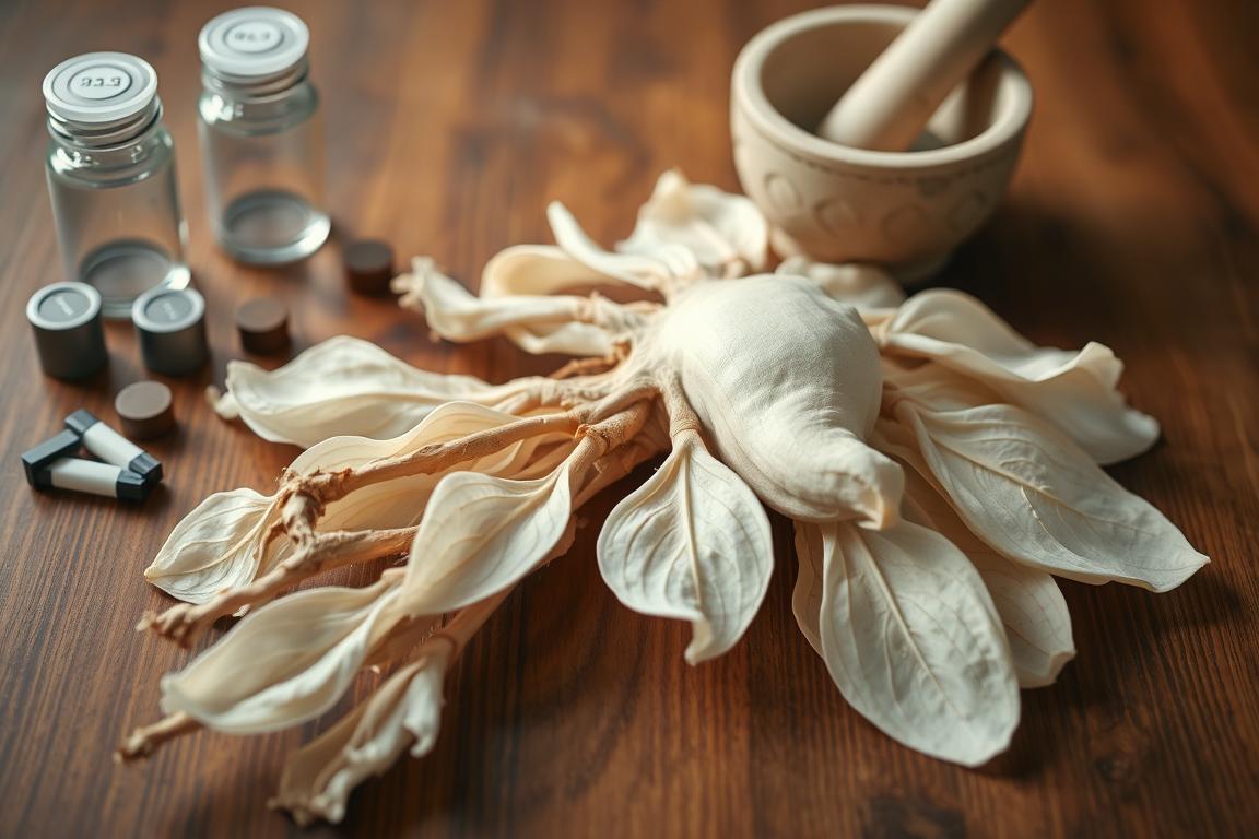 A glass bottle of white peony root extract next to fresh peony flowers.