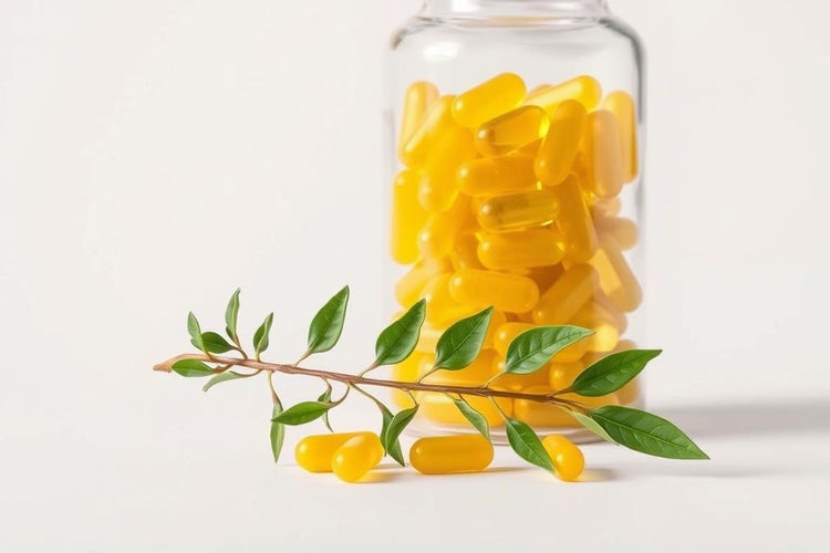 A collection of quercetin bromelain supplement capsules with a warning symbol.
