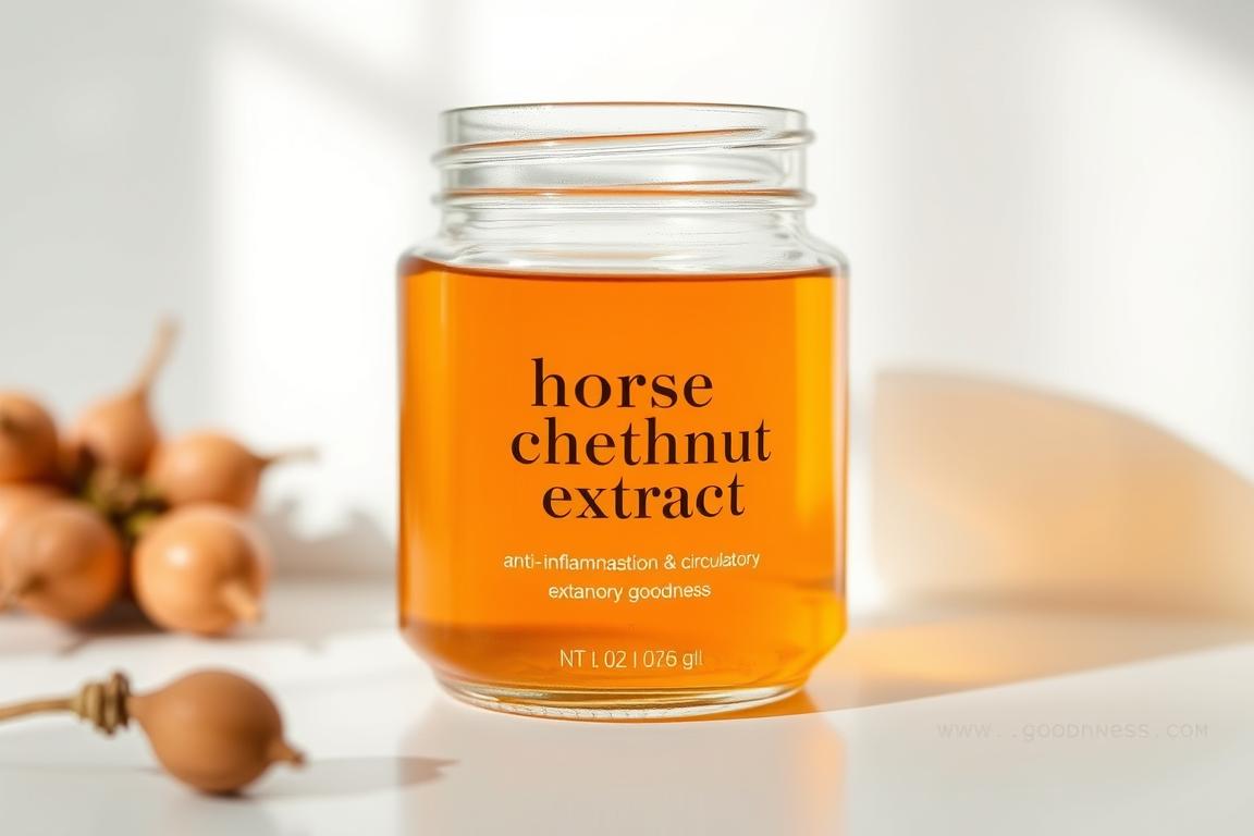 A bottle of horse chestnut extract skincare serum next to fresh horse chestnuts.