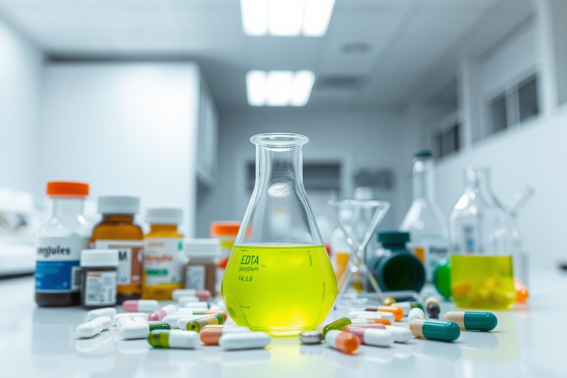 A bottle of EDTA supplement with a warning symbol indicating drug interactions.