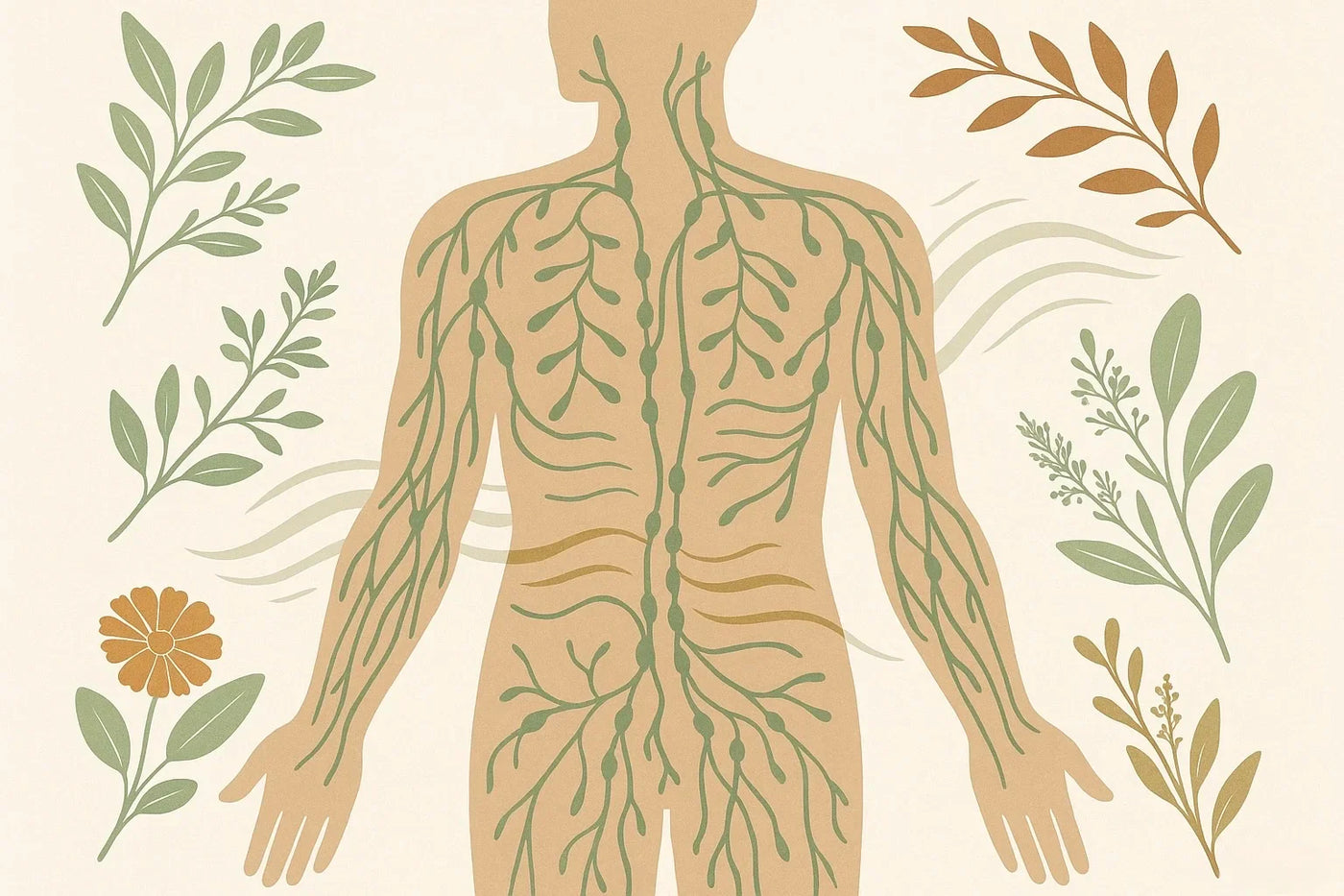 An earth-toned diagram of lymphatic system with flowers and plants surrounding the human body