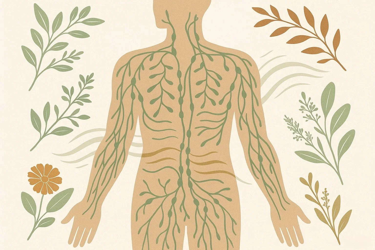 An earth-toned diagram of lymphatic system with flowers and plants surrounding the human body