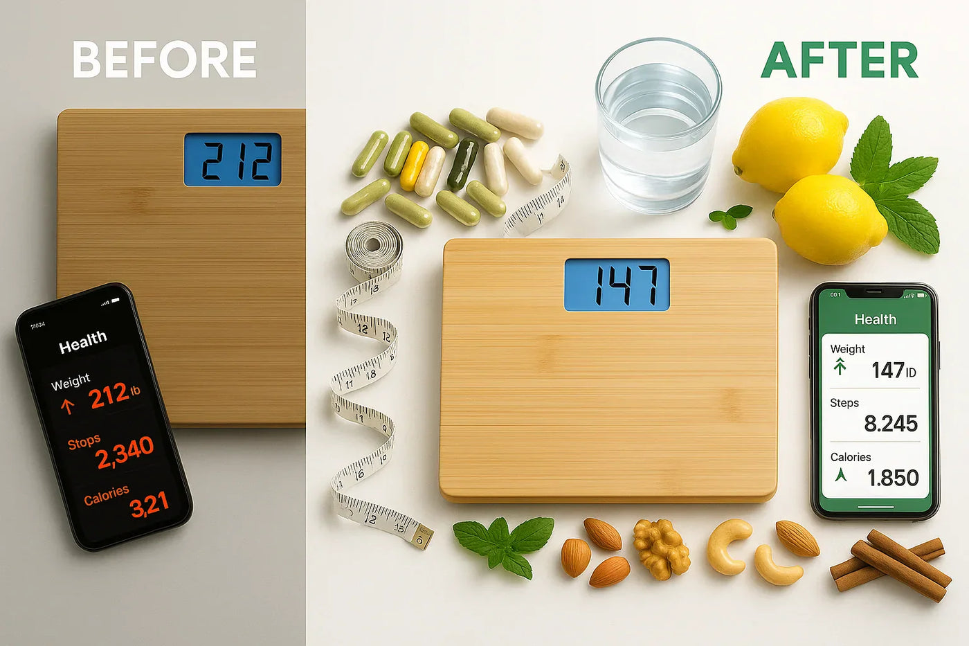 A before and after picture: a scale showing a high weigh and concerning heatlh numbers on a phone, and a scale showing a healthy weight with healthy elements around it. 