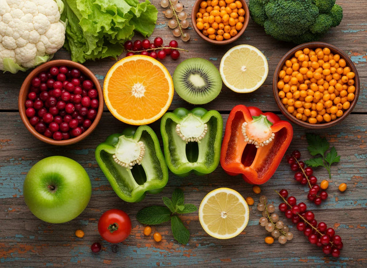 Vibrant flat lay of fresh, high vitamin C fruits, vegetables, and berries on rustic wood. Healthy produce.