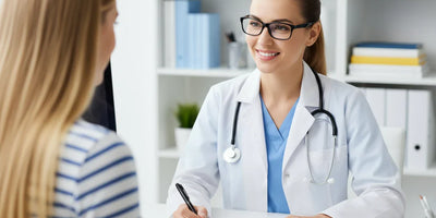 Friendly female doctor in white lab coat and glasses smiles at patient in modern consultation room.