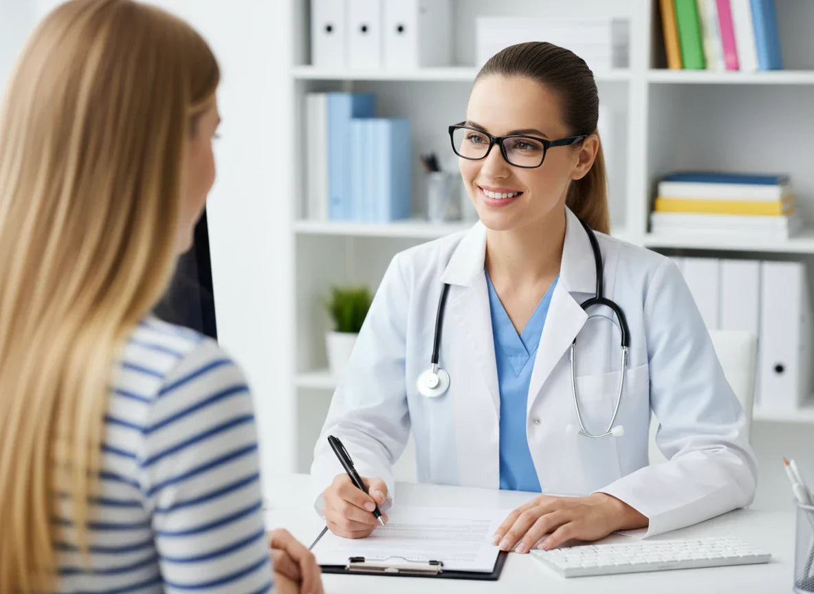 Friendly female doctor in white lab coat and glasses smiles at patient in modern consultation room.