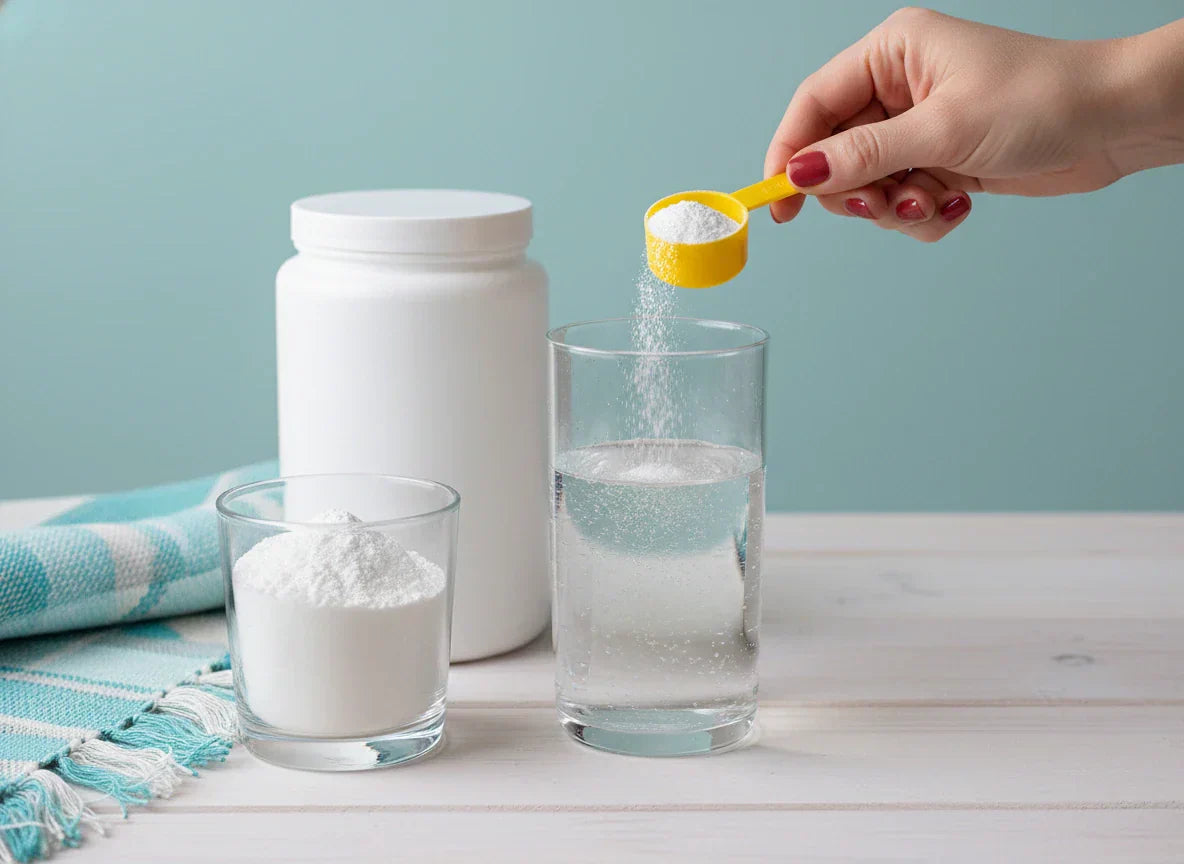Red-nailed hand pours fine white supplement powder from yellow scoop into water glass. Professional product photo.