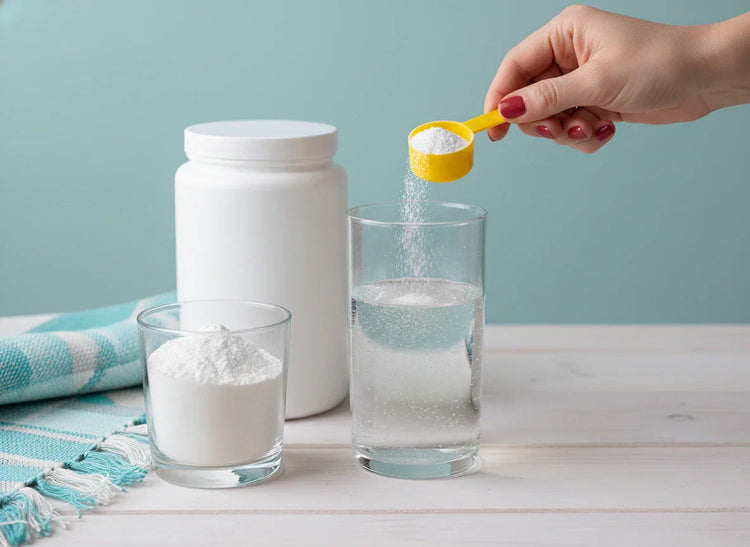 Red-nailed hand pours fine white supplement powder from yellow scoop into water glass. Professional product photo.