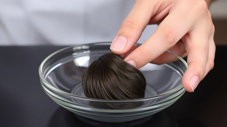 Hand placing a dark hair sample into a glass bowl — preparing hair for Hair Tissue Mineral Analysis (HTMA) testing