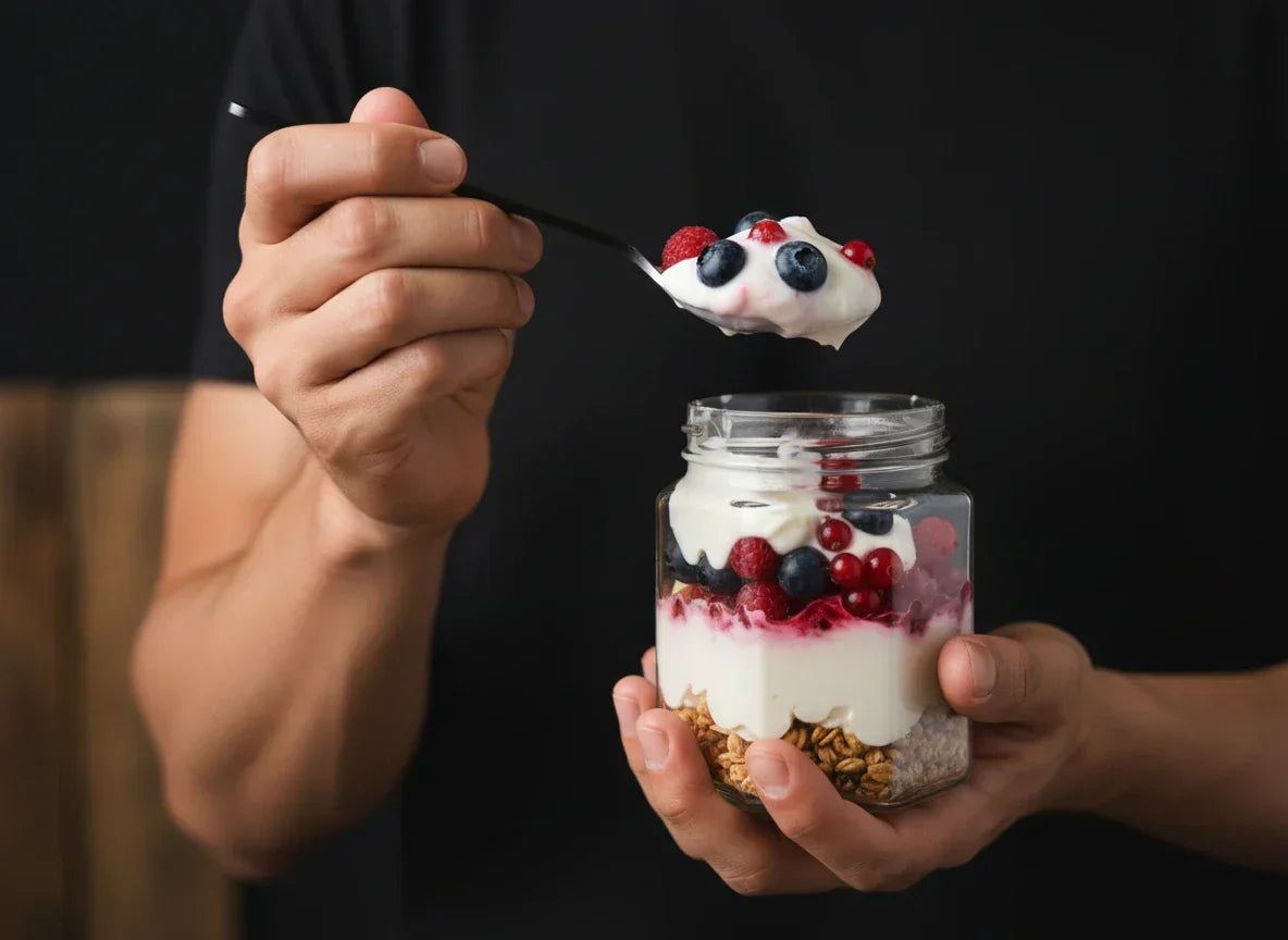 Hands holding spoonful of healthy yogurt parfait with fresh berries & granola. Delicious, wholesome breakfast or snack.