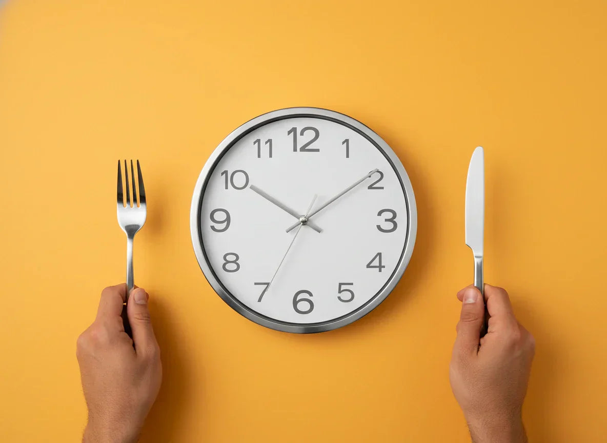 Modern round wall clock, white face, silver hands on marigold. Flat lay with hands holding silver dining fork & serrated knife.