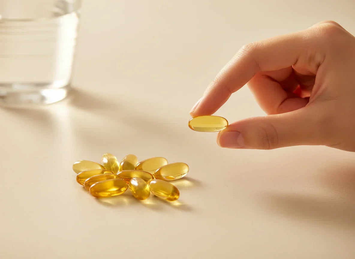 Hand holding a golden yellow softgel vitamin D capsule. Health & wellness supplement pills.