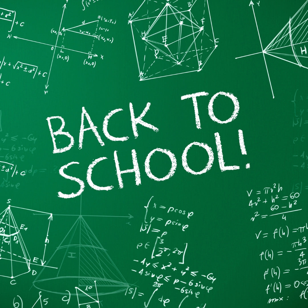 Green chalk board with maths on it and Back To School written in the middle