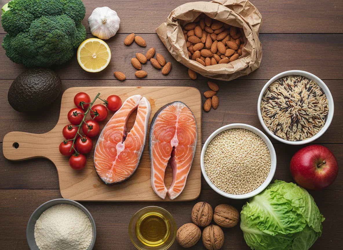 Abundant flat lay of fresh, healthy ingredients: salmon, vegetables, grains, nuts, olive oil on rustic wood.