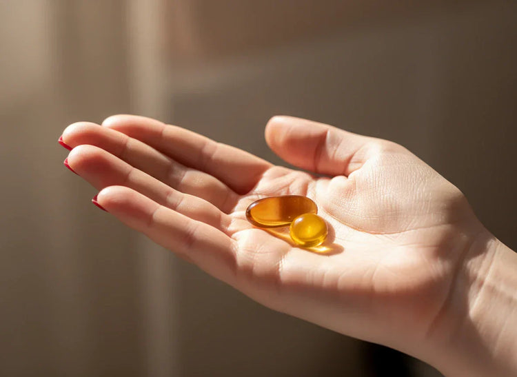 Close-up of hand with glossy red nails holding amber and yellow softgel Fish Oil supplements. Warm natural light.
