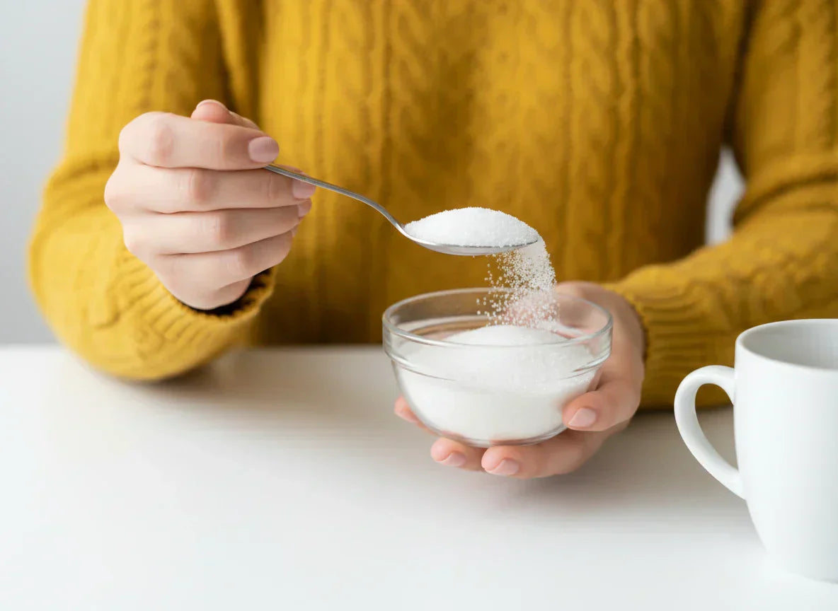 Close-up of hands measuring white granulated sugar with a silver spoon into a glass bowl. High-key baking.