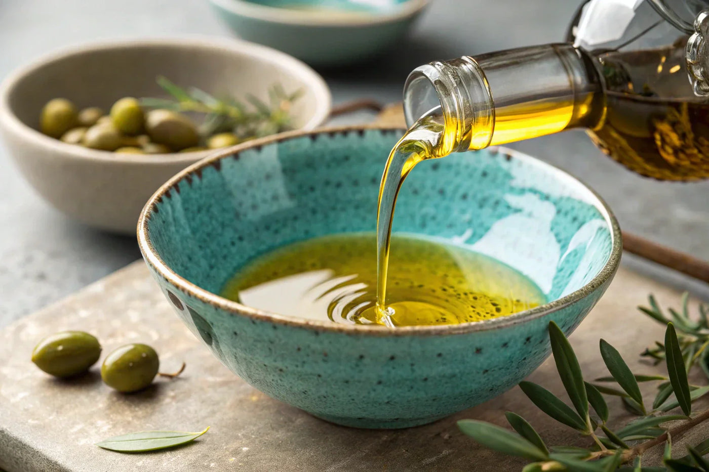 Professional food photography, macro shot of vibrant golden olive oil being poured from a clear glass bottle through a stainless steel pour spout into the rim of a textured, seafoam green ceramic bowl. 