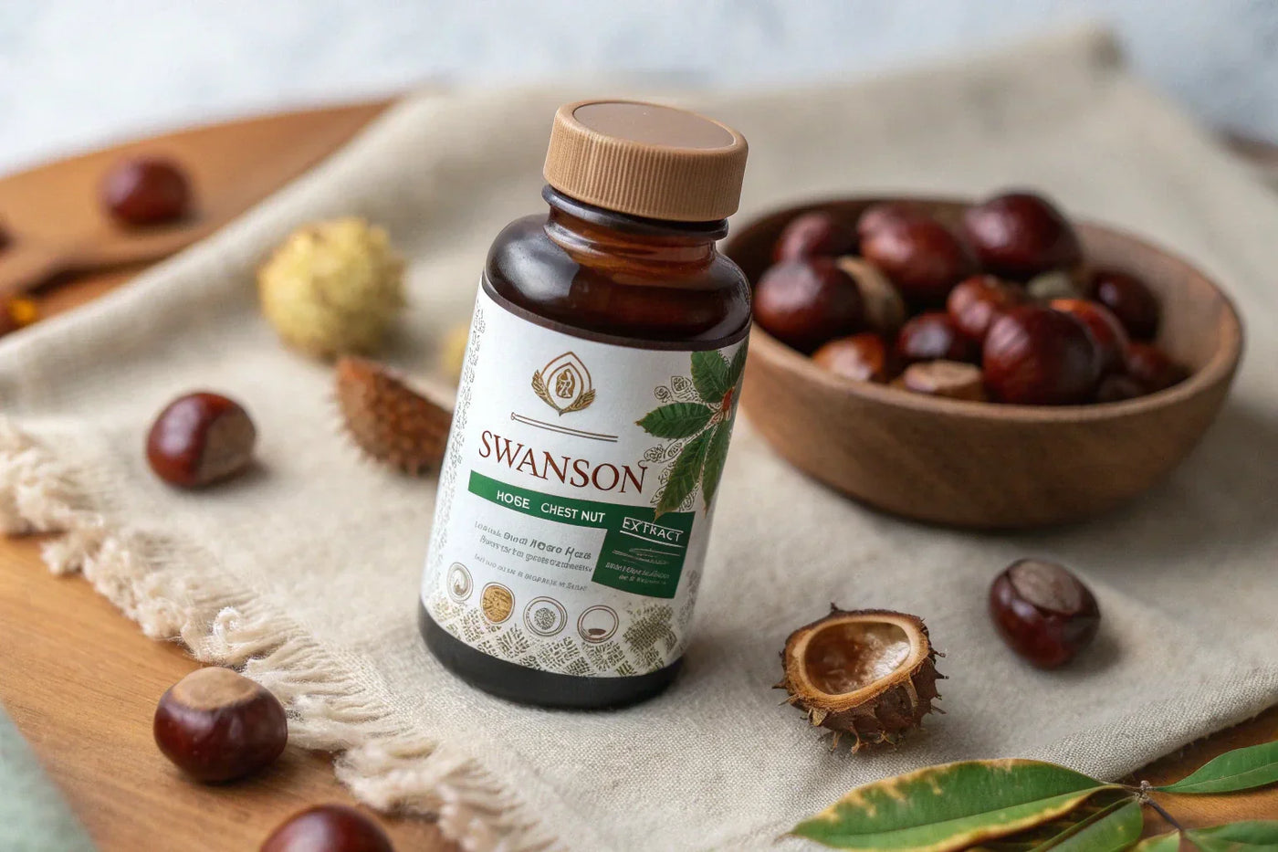 A bottle of Swanson Horse Chestnut Extract supplement.