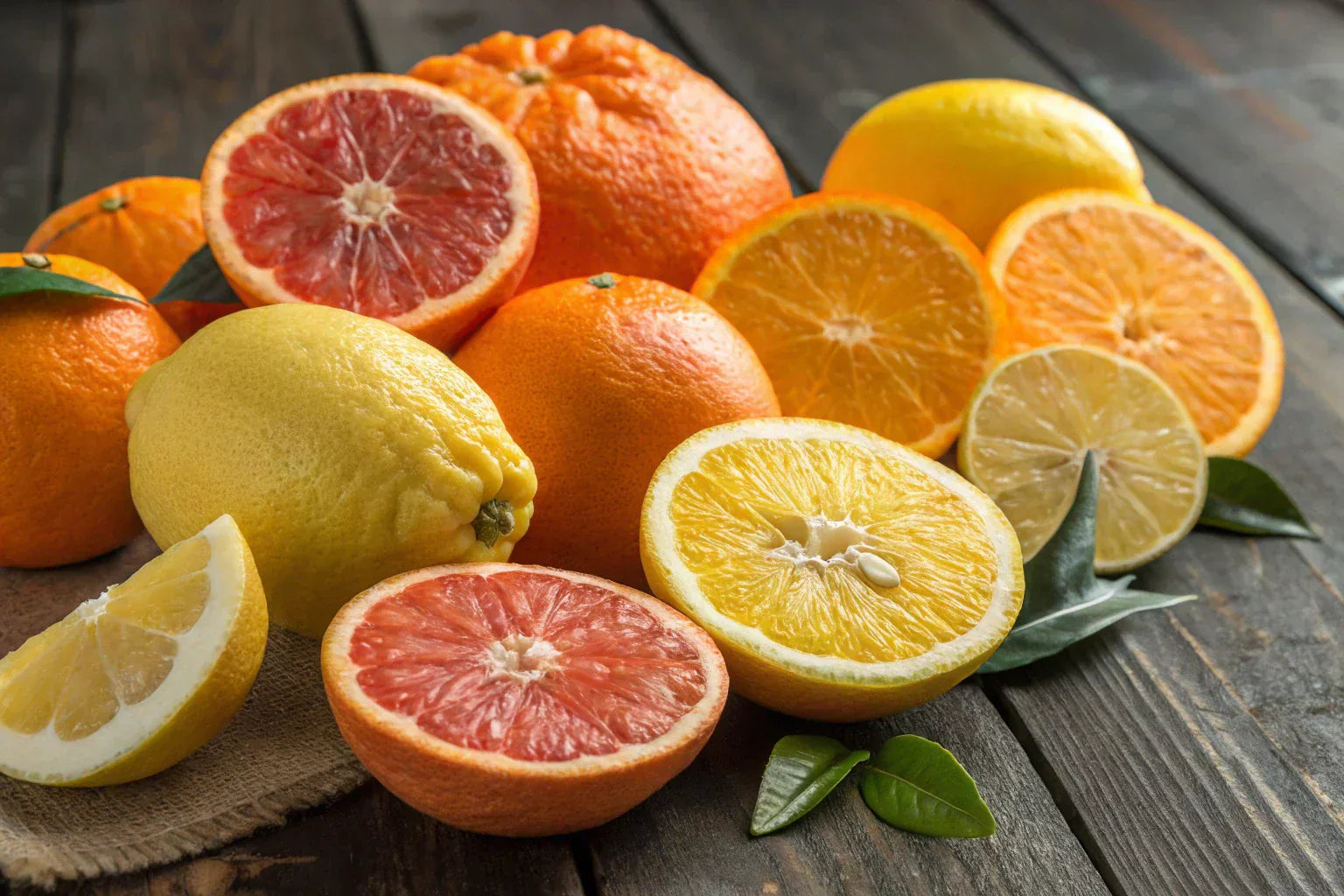 A vibrant collection of whole and sliced citrus fruits, including oranges and lemons, with their thick peels highlighted.