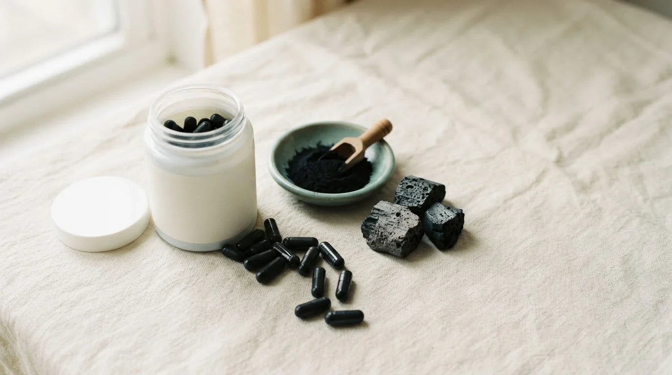 White pill jar of black activated charcoal capsules beside a dish of charcoal powder and raw coconut-shell charcoal