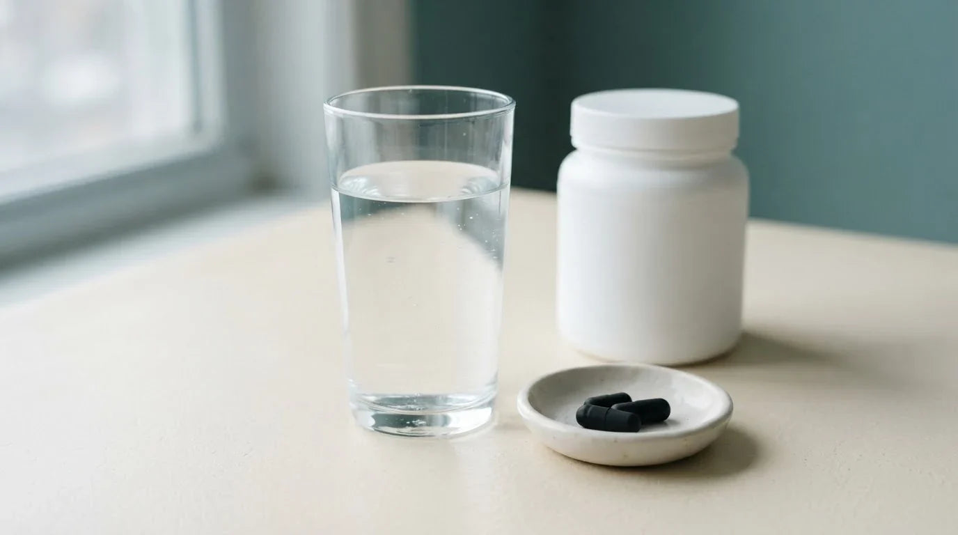 Glass of water beside two black activated charcoal capsules and a plain white supplement jar