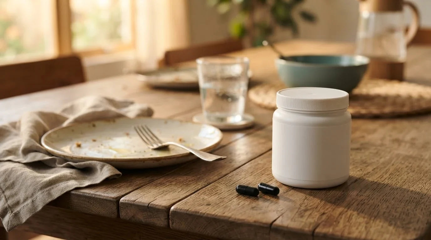 Oak dining table after a meal with a white supplement jar and two black capsules in the foreground