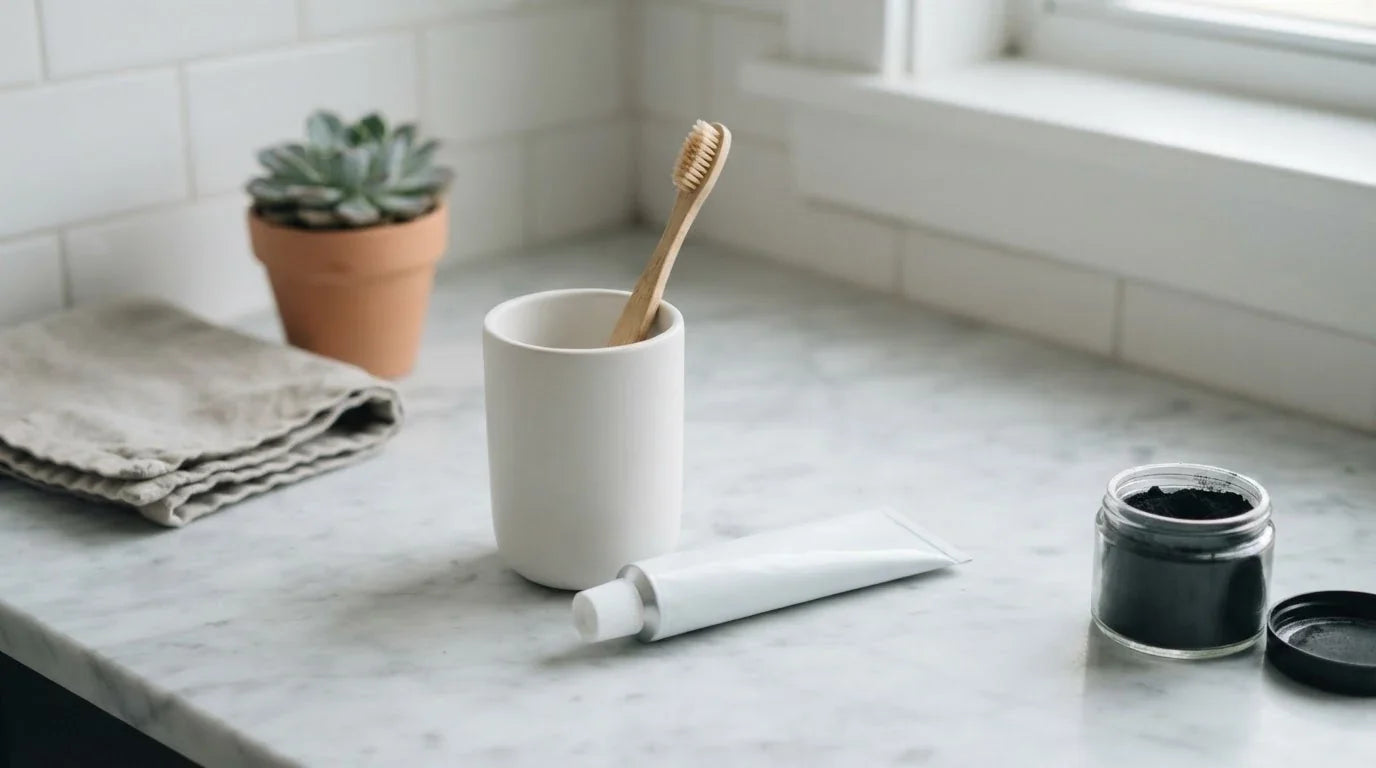 Neutral bathroom counter with a bamboo toothbrush, plain toothpaste tube and a small jar of black charcoal powder