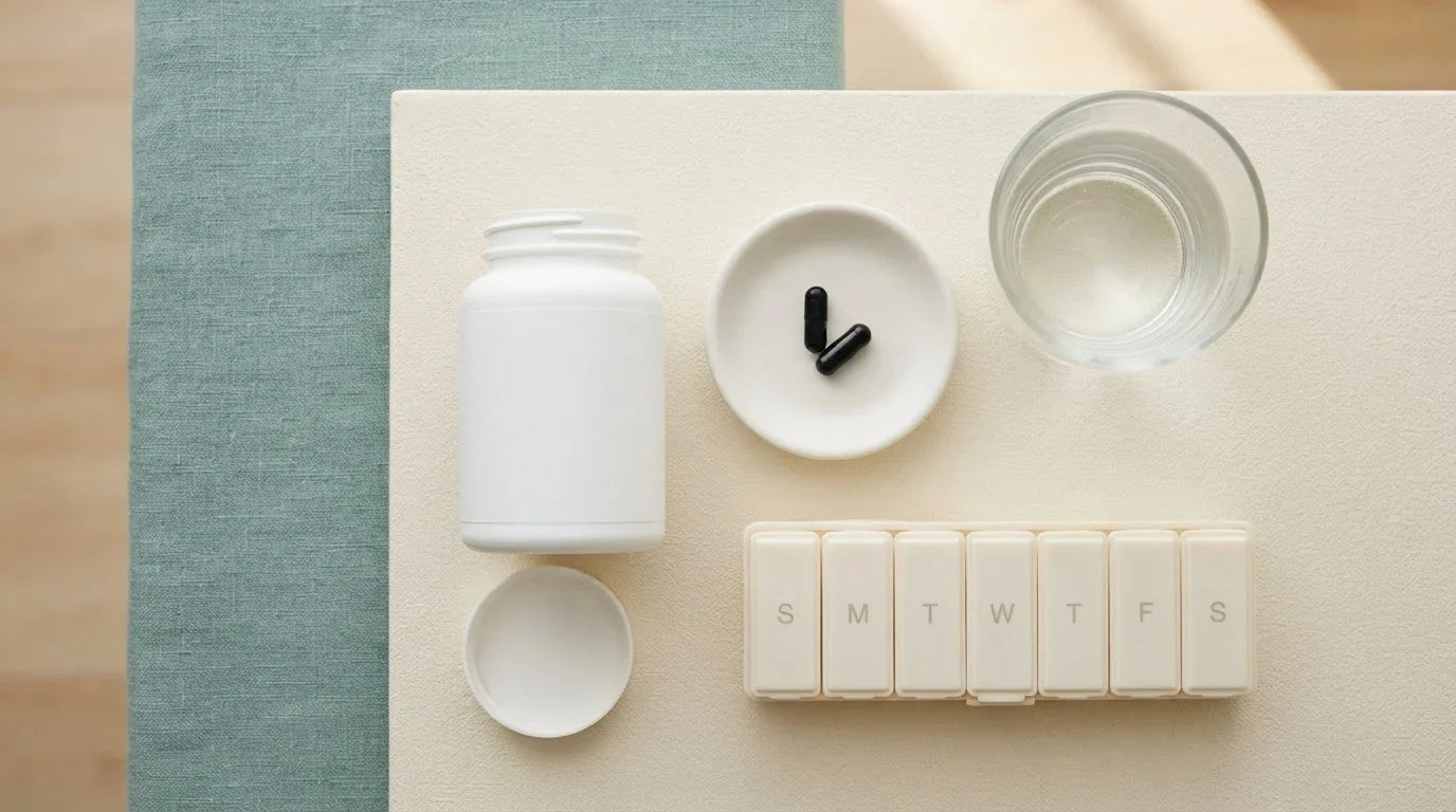 Overhead view of a white supplement jar, two black capsules on a dish, a glass of water and a pill organiser