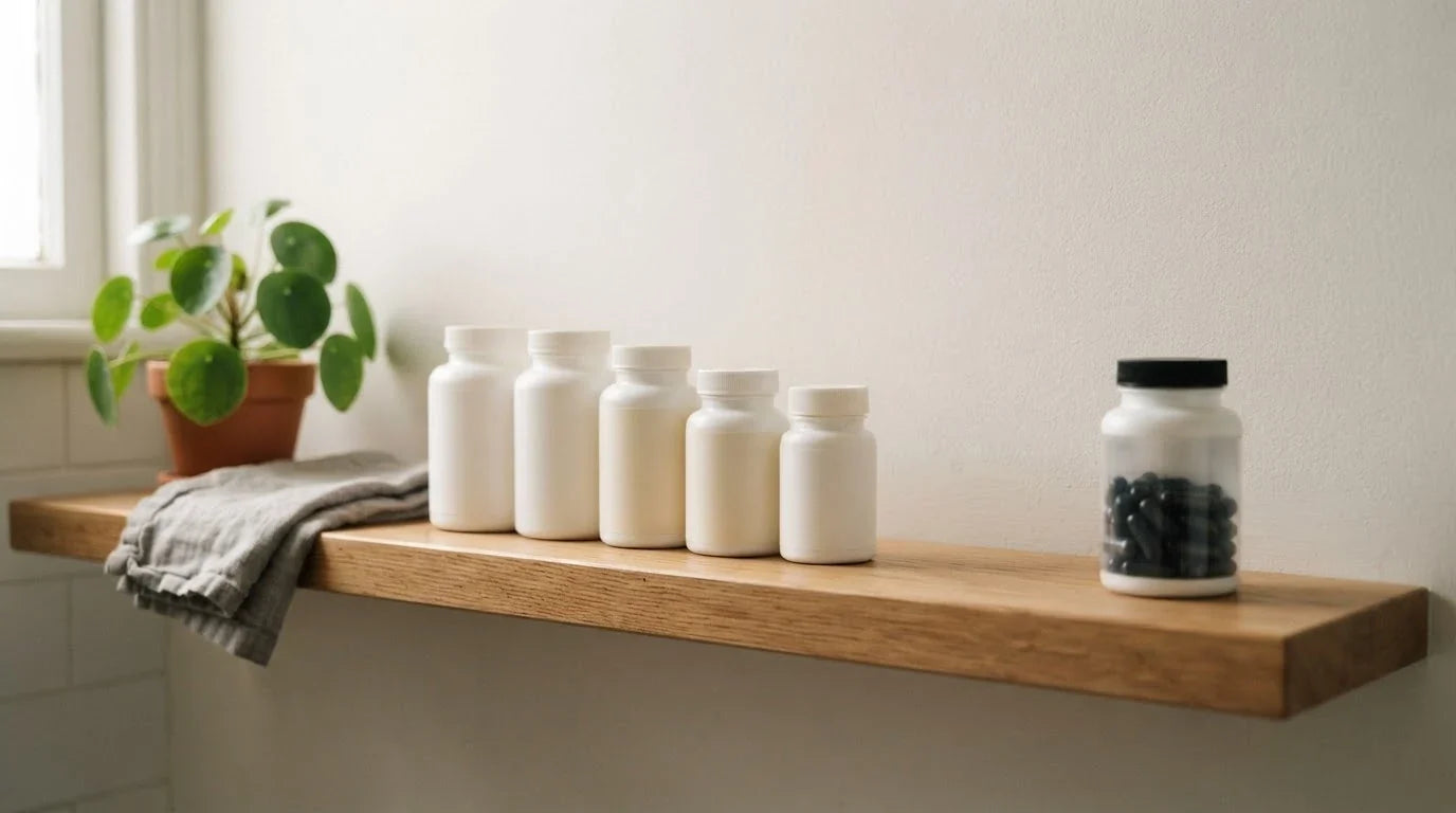 Row of plain white pill bottles on an oak shelf with a jar of black charcoal capsules set apart at the end