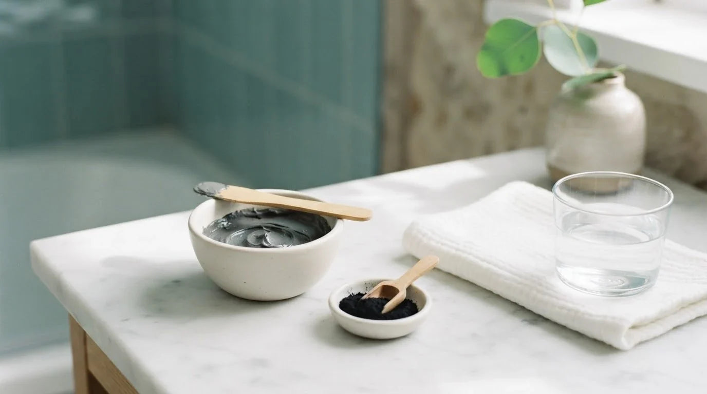 Ceramic bowl of dark clay and charcoal paste with a wooden spatula, charcoal powder and a folded cloth on marble