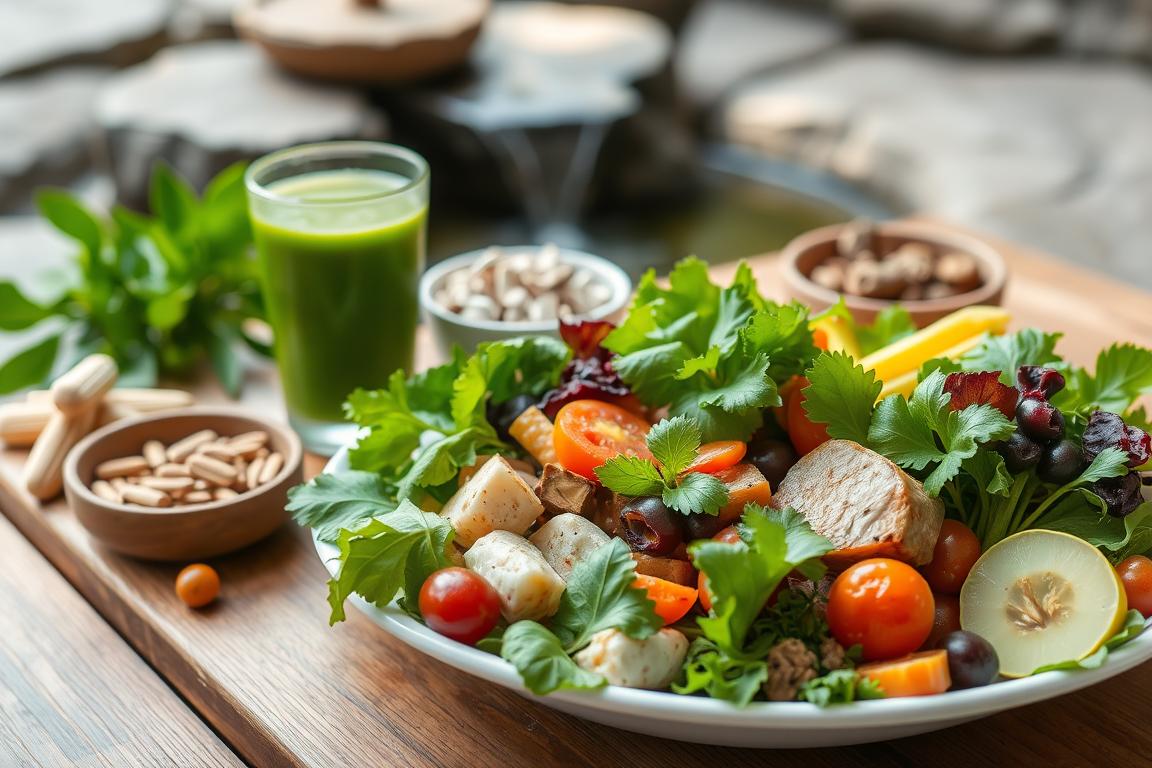 High-definition vibrant healthy salad, green smoothie, and nuts on a rustic table in a serene garden, representing an optimal adrenal fatigue diet for recovery.