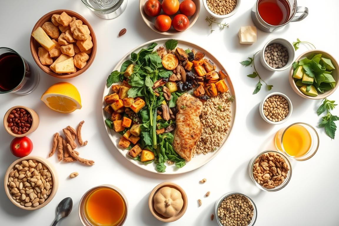 Overhead flat lay of a healthy, balanced meal featuring grilled chicken, vibrant veggies, quinoa, and varied wholesome foods on a white background, perfect for an adrenal fatigue meal plan.