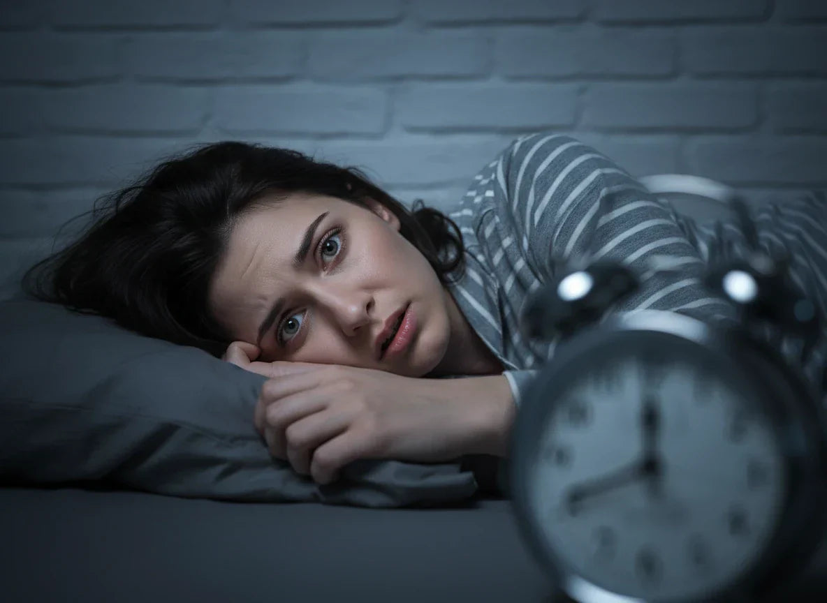 Distressed sleepless woman with dark hair in bed, wearing grey pajamas, looking anxious in a dark bedroom at night.