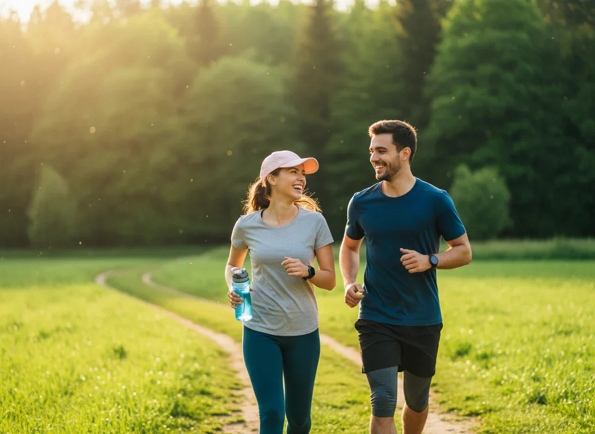 Joyful young couple trail running in a sunny forest, demonstrating an active lifestyle as part of effective adrenal fatigue treatment and recovery.