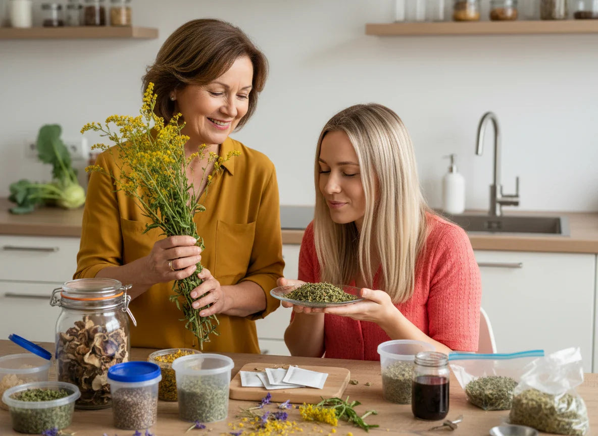 Two women, intergenerational, share natural dried herbs in a bright kitchen, discussing adrenal glandular vs adaptogens. Older woman smiles as younger woman inhales the aroma, symbolizing wellness and connection.