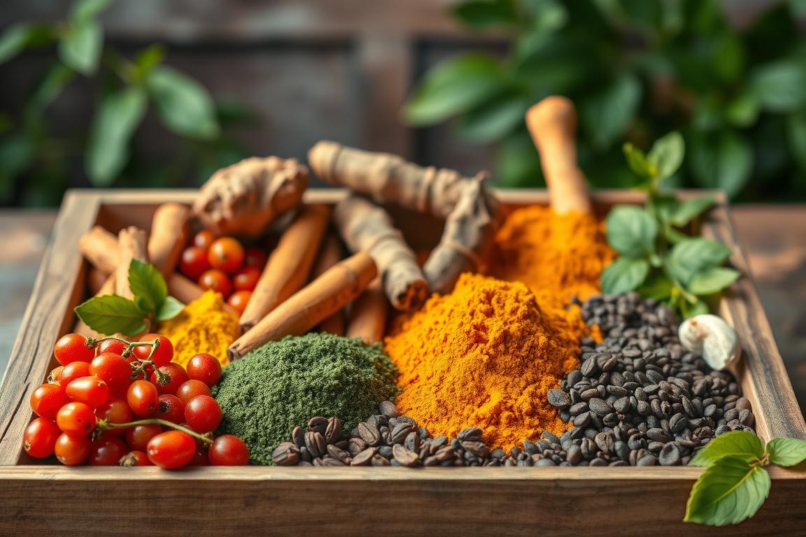 Un plateau en bois présentant divers super-aliments pour les glandes surrénales, notamment des baies rouge vif, de la poudre verte, du curcuma, de la racine de gingembre et des graines noires, sur un fond naturel.