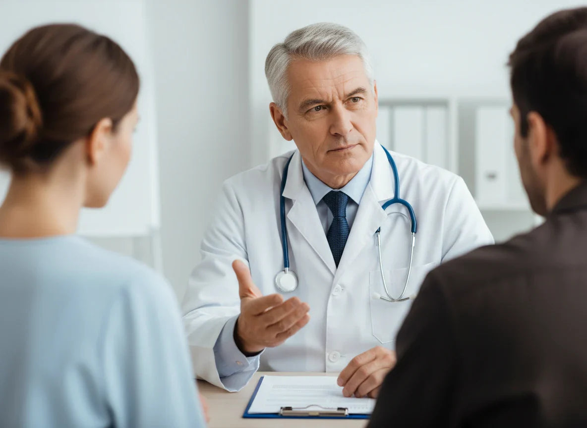 Empathetic male doctor in lab coat with stethoscope consults patients at desk, explaining potential adrenal supplement side effects with professional care.