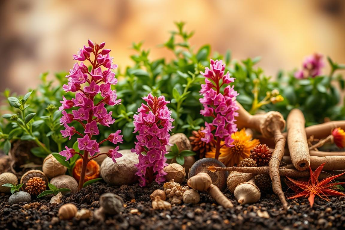 Ultra-realistic macro of fuchsia-pink bell flowers, dried roots, star anise, and orange dahlias on dark soil, showcasing natural ingredients often found in adrenal supplements.