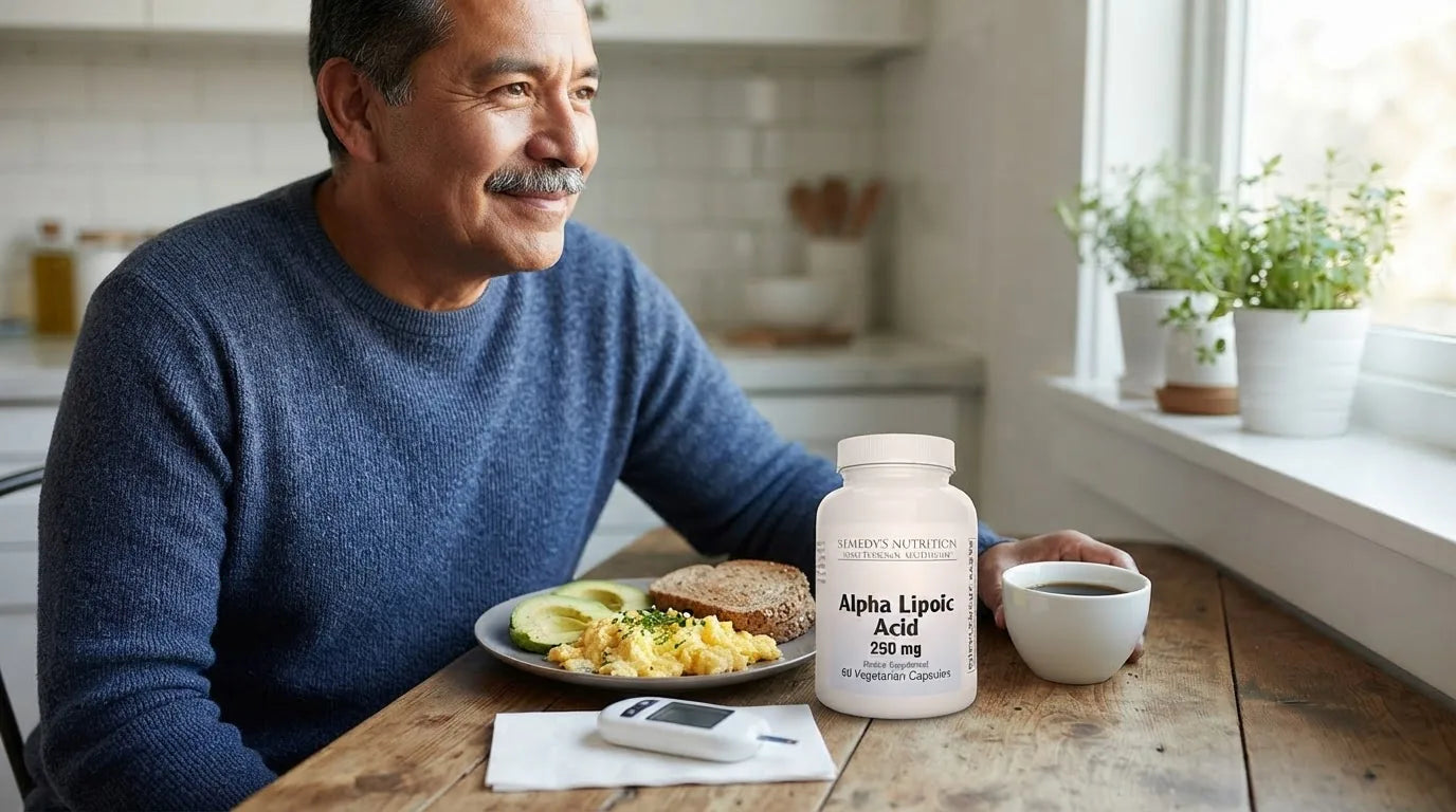 Alpha lipoic acid capsules and a glucose monitor representing diabetes and blood sugar support