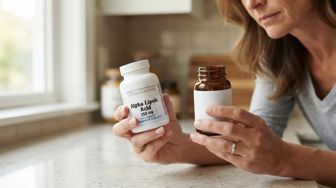 R-ALA and racemic alpha lipoic acid capsules side by side illustrating the comparison