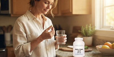 Alpha lipoic acid capsules and a measuring scoop illustrating safe daily dosage