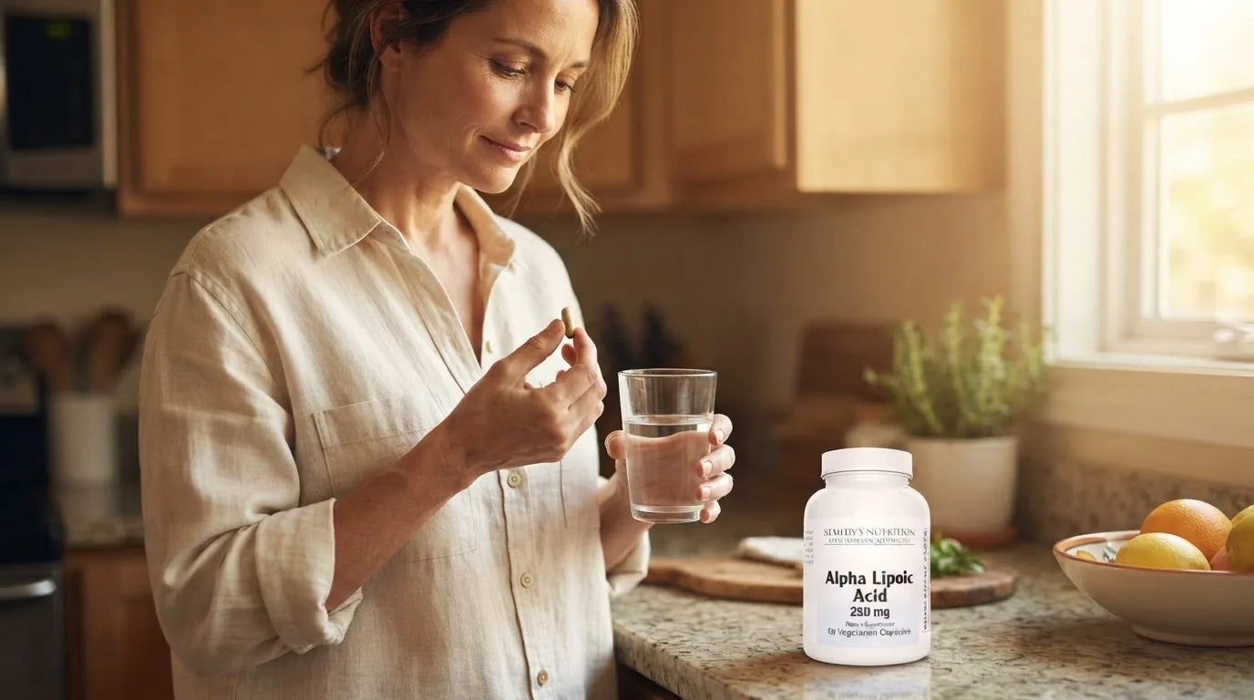 Alpha lipoic acid capsules and a measuring scoop illustrating safe daily dosage